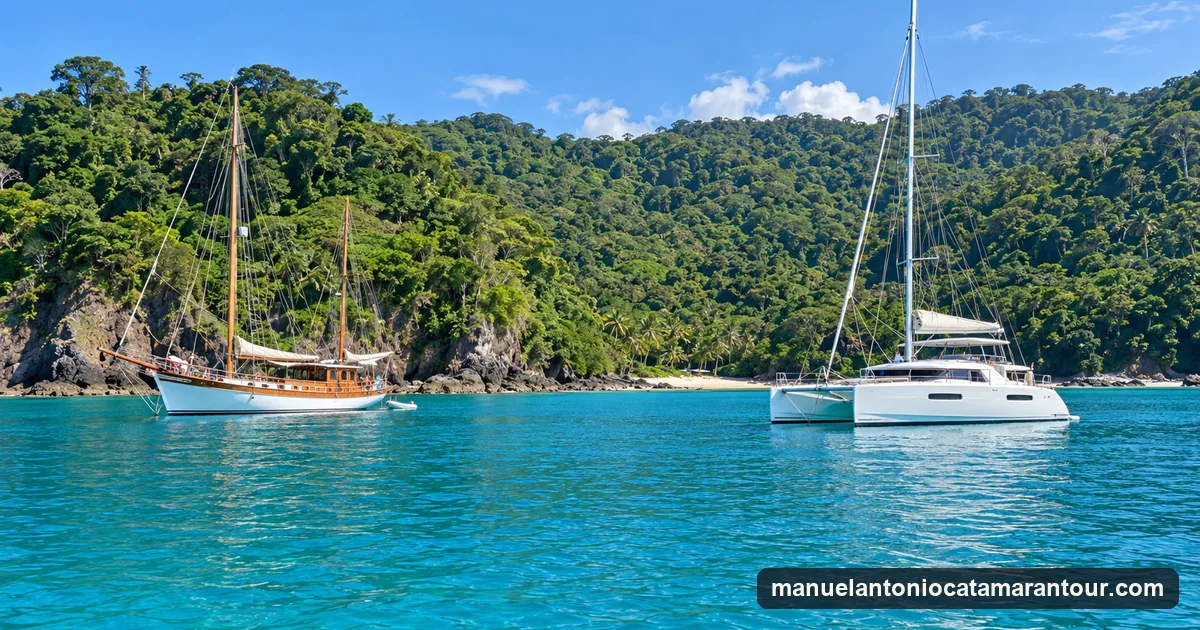 A wooden sailboat and a white catamaran anchored in a turquoise bay off Manuel Antonio