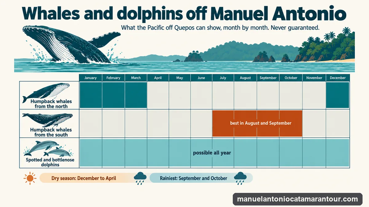 Calendar infographic of whale and dolphin seasons off Manuel Antonio: northern humpbacks December to March, southern humpbacks July to October with August and September best, dolphins possible all year, never guaranteed