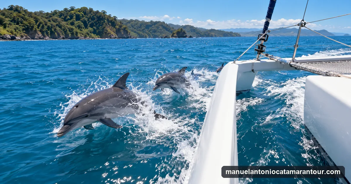 Dolphins leaping beside the bows of a catamaran in the Pacific off Manuel Antonio, Costa Rica