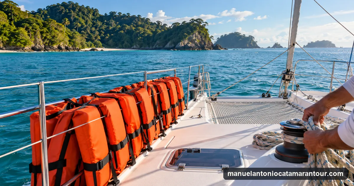 Orange life jackets stowed along the rail of a catamaran off Costa Rica's Pacific coast