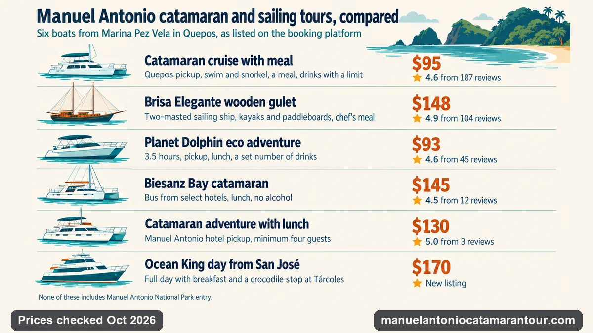 Infographic comparing six Manuel Antonio catamaran and sailing tours from Marina Pez Vela in Quepos: the catamaran cruise with meal at $95, the Brisa Elegante wooden gulet at $148, Planet Dolphin at $93, the Biesanz Bay catamaran at $145, a catamaran with lunch at $130 and an Ocean King day from San Jose at $170