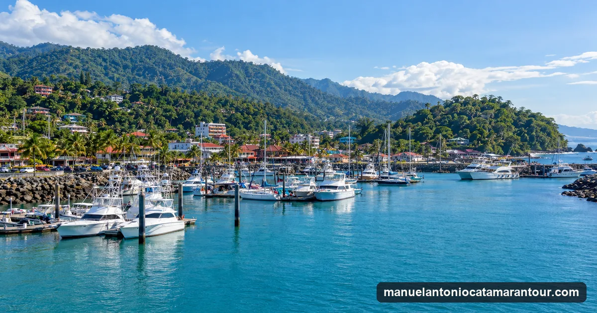 The marina and waterfront of Quepos, Costa Rica, where the Manuel Antonio boat tours leave from