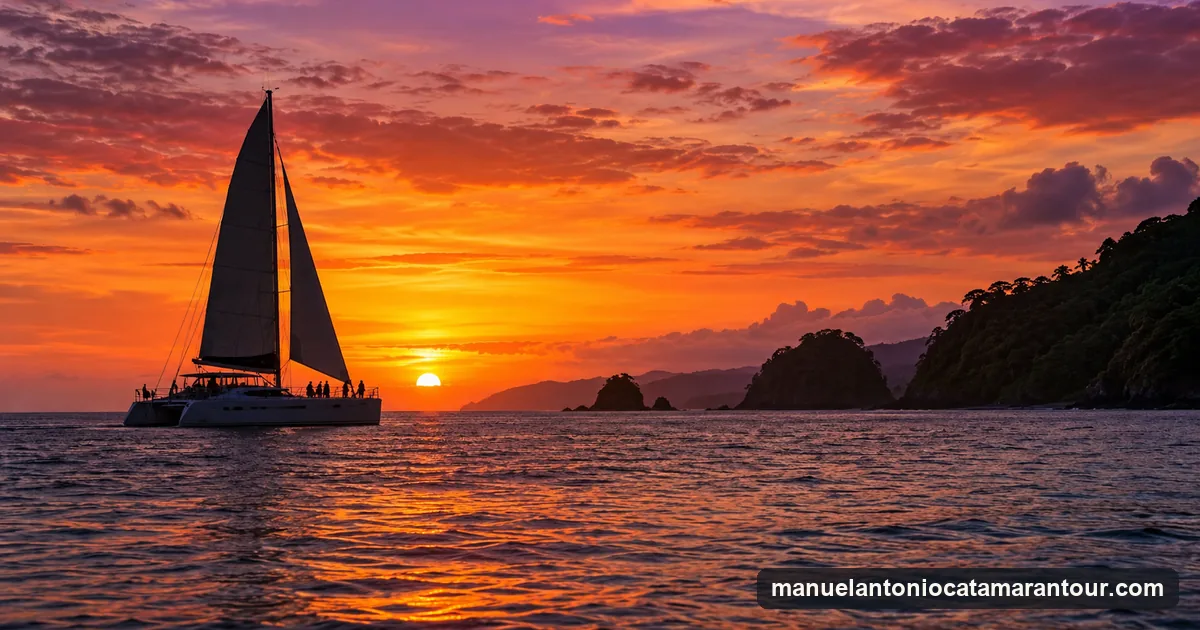 A sailing catamaran silhouetted at sunset off Manuel Antonio, Costa Rica